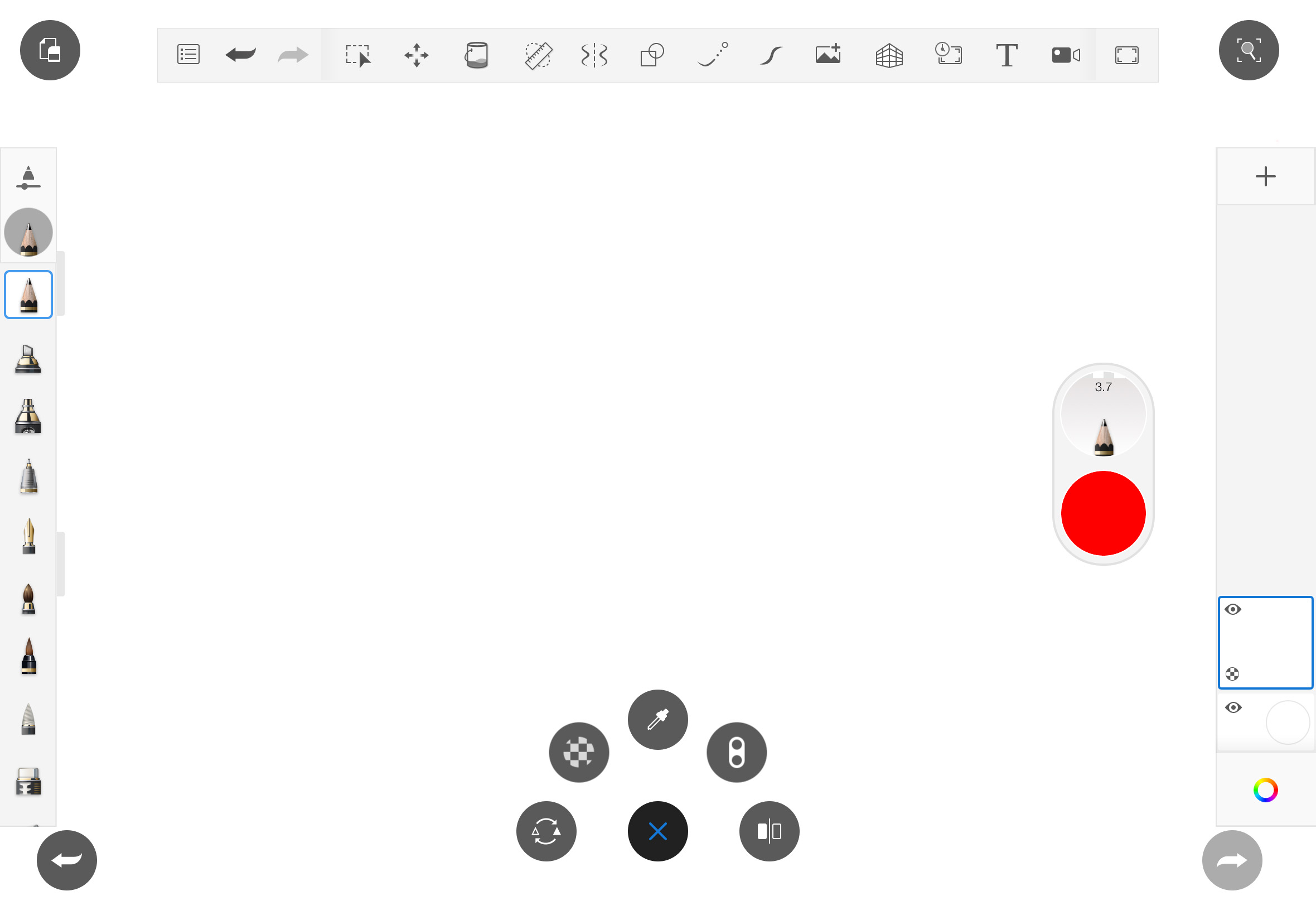 Планшетный интерфейс Sketchbook: Toolbar, Brush Palette, Double Puck, Layer Editor и marking menu