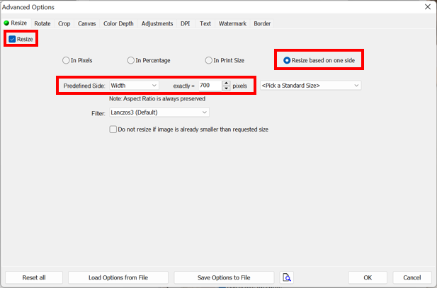 Окно Advanced Options, вкладка Resize