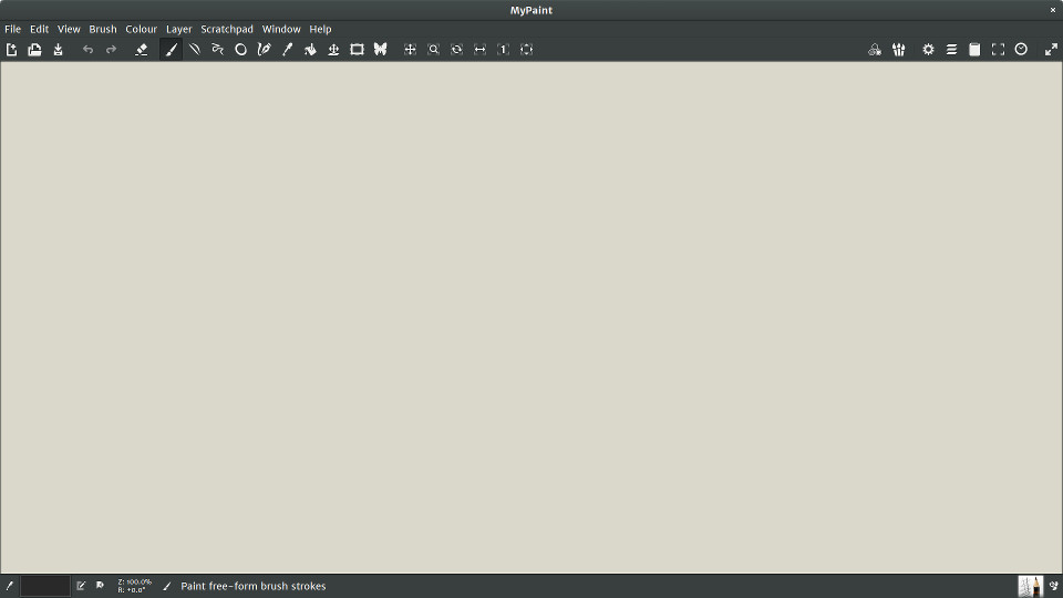 Пустое рабочее окно MyPaint с холстом, верхним меню, панелью инструментов и строкой состояния