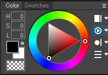 Окно Color в OpenCanvas 7 с цветовым кругом, HSL-полями, основным цветом, фоновым цветом и прозрачностью