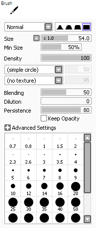 Painting Brush Tool в PaintTool SAI с параметрами Blending, Dilution, Persistence и Keep Opacity