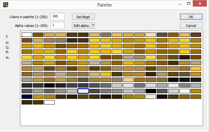 Редактор палитры TweakPNG с полями Colors in palette, Alpha values, Set bkgd и Edit alpha