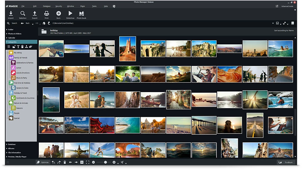 Интерфейс MAGIX Photo Manager Deluxe в темной теме
