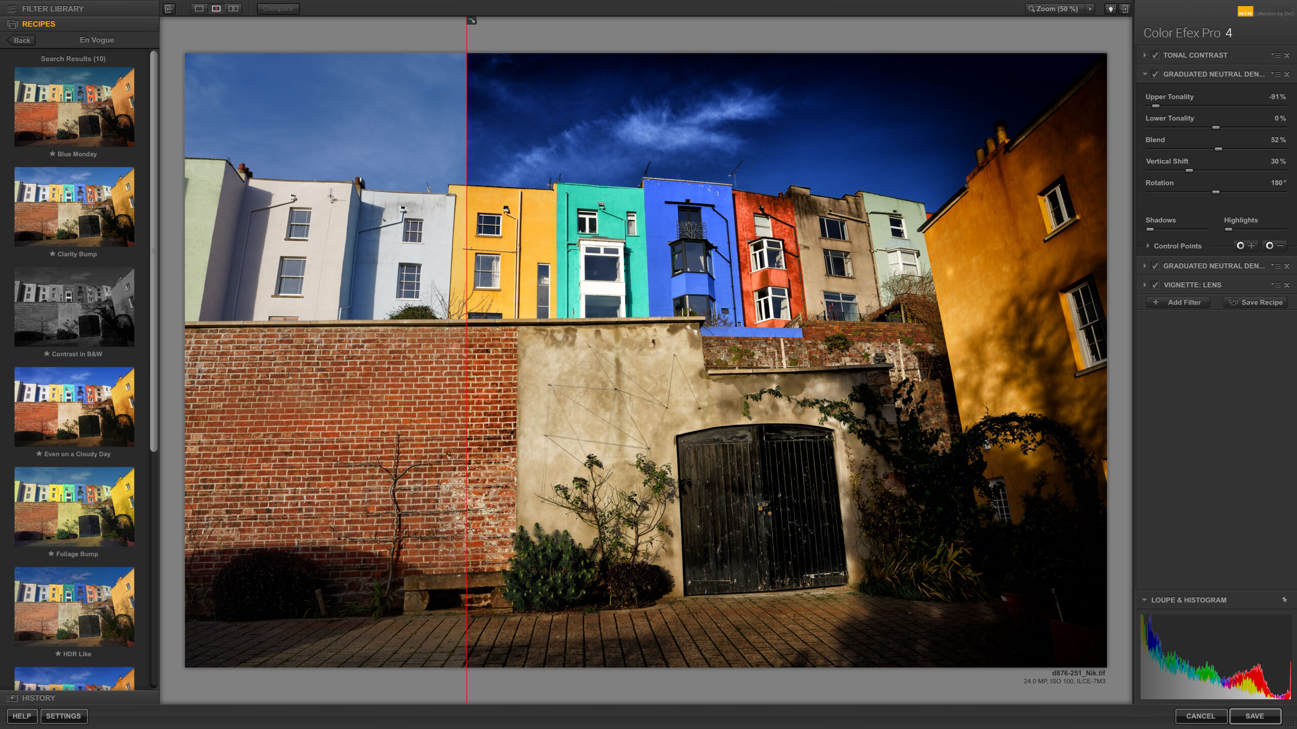 Интерфейс Color Efex Pro 4 с Filter Library, Recipes и правой панелью настроек