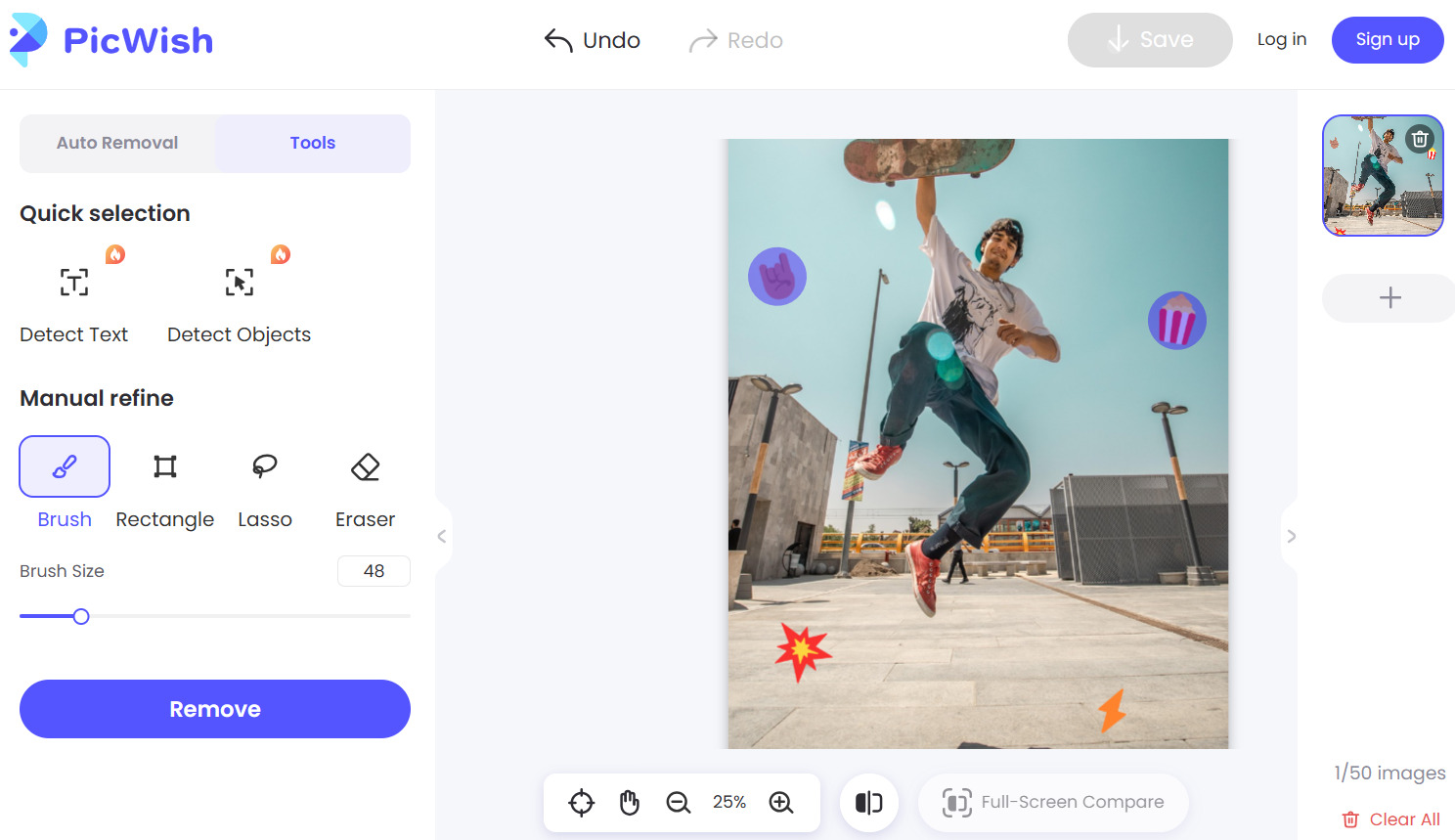 Рабочее окно PicWish с Auto Removal, Detect Text, Detect Objects, Brush, Rectangle, Lasso, Eraser и кнопкой Remove