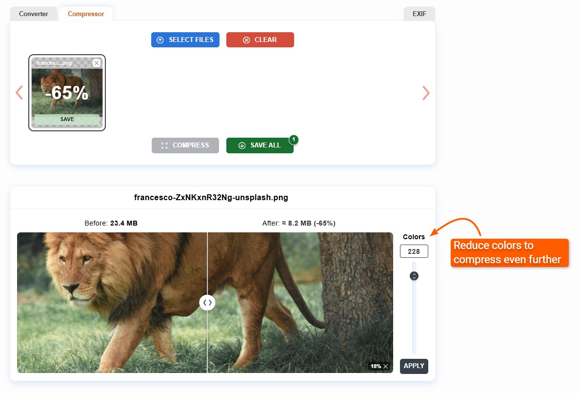 Сжатие PNG в ImageCompressor.com через уменьшение количества цветов Colors