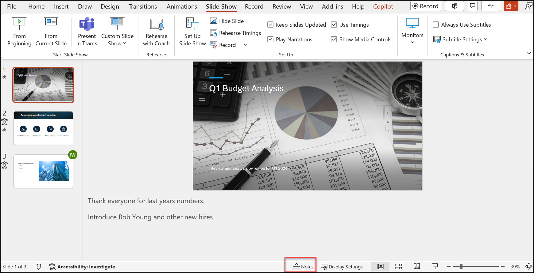 Интерфейс Microsoft PowerPoint с открытой презентацией и областью заметок