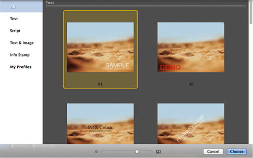 Окно профилей Watermark Plus с категориями Text, Script, Text & Image, Info Stamp и My Profiles