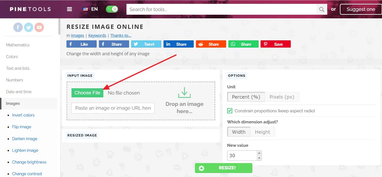 Загрузка файла в PineTools Resize image через кнопку Choose File
