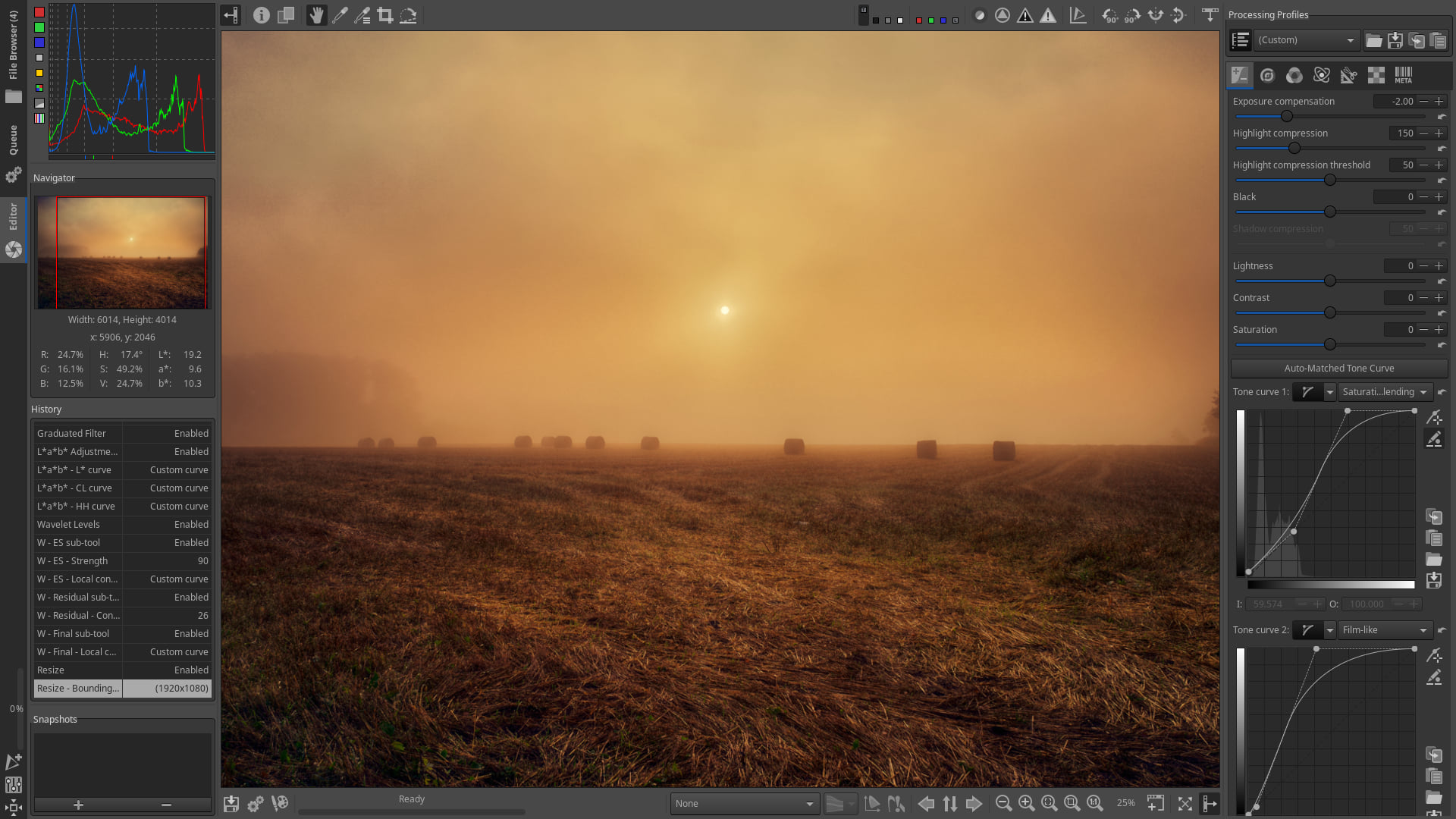 Интерфейс RawTherapee Editor с открытым RAW-файлом и панелью Exposure
