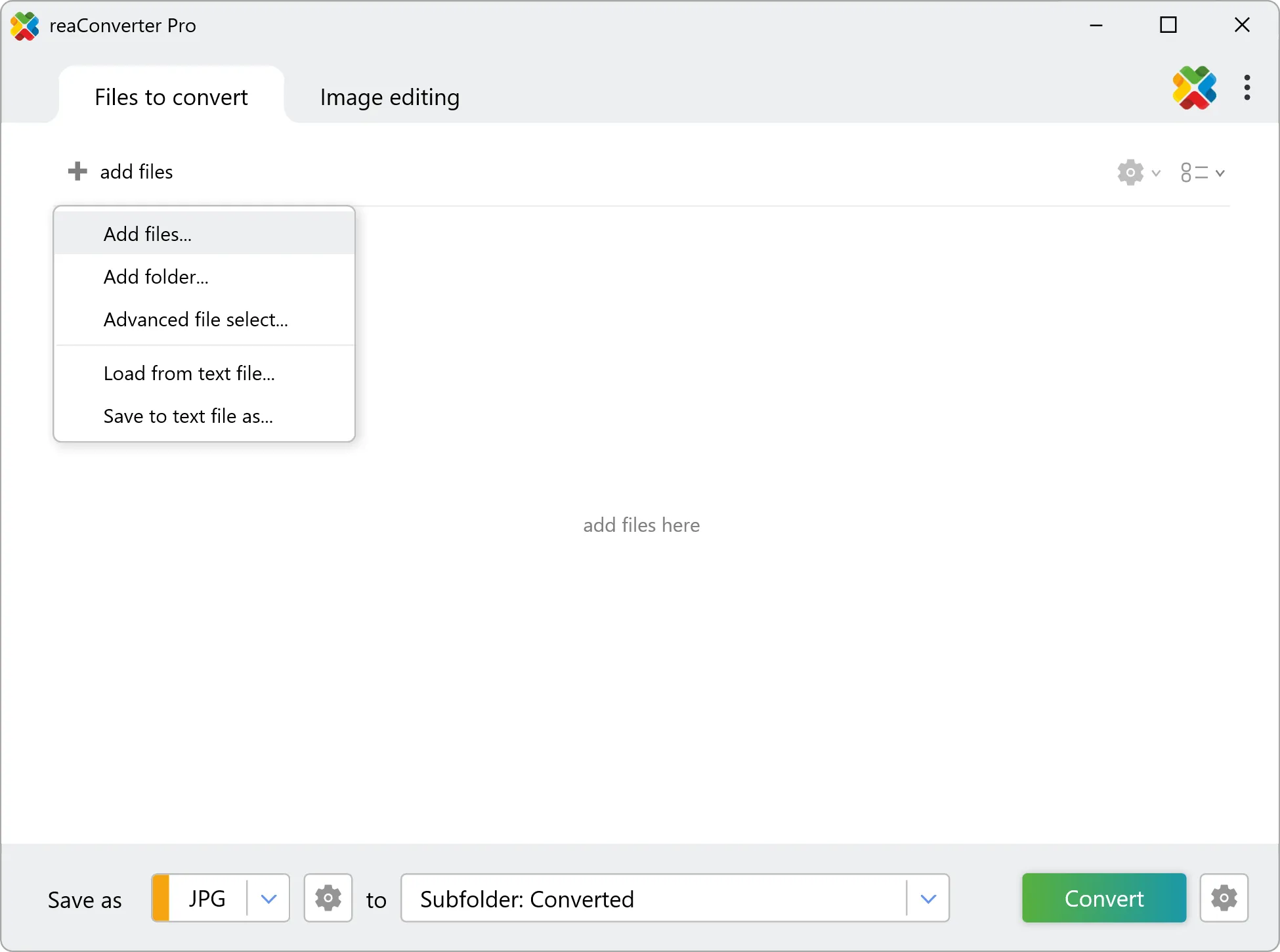 Главное окно reaConverter Pro с вкладкой Files to convert, меню add files, форматом JPG и кнопкой Convert
