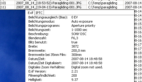 Просмотр EXIF-данных выбранного изображения в AmoK Exif Sorter
