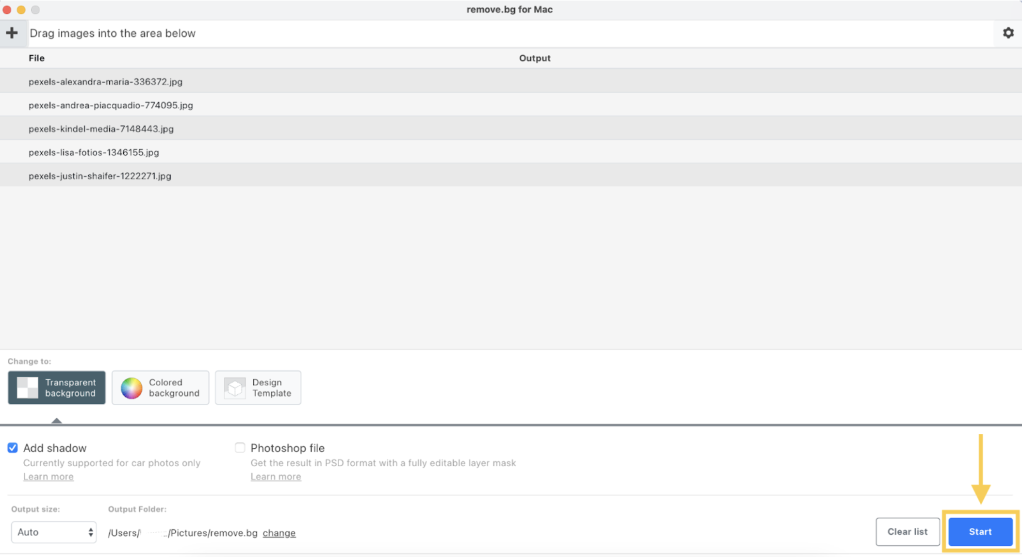 Desktop App remove.bg после добавления файлов: список изображений и кнопка Start для запуска обработки