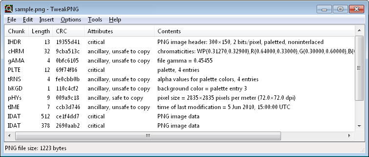 Главное окно TweakPNG со списком PNG chunks