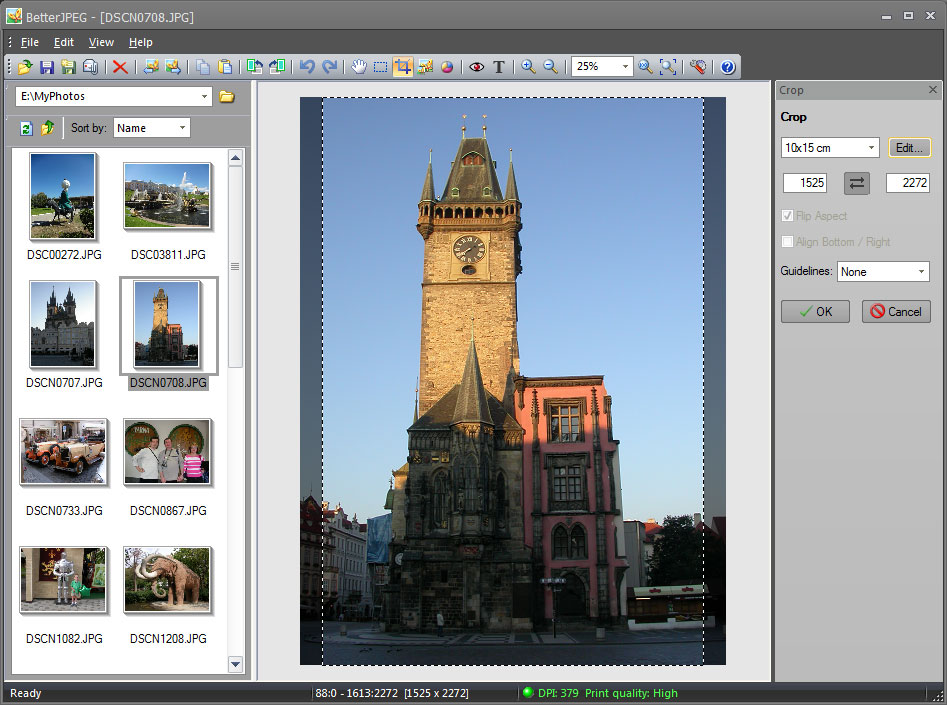 Better JPEG Editor — режим Crop с рамкой кадрирования и панелью параметров