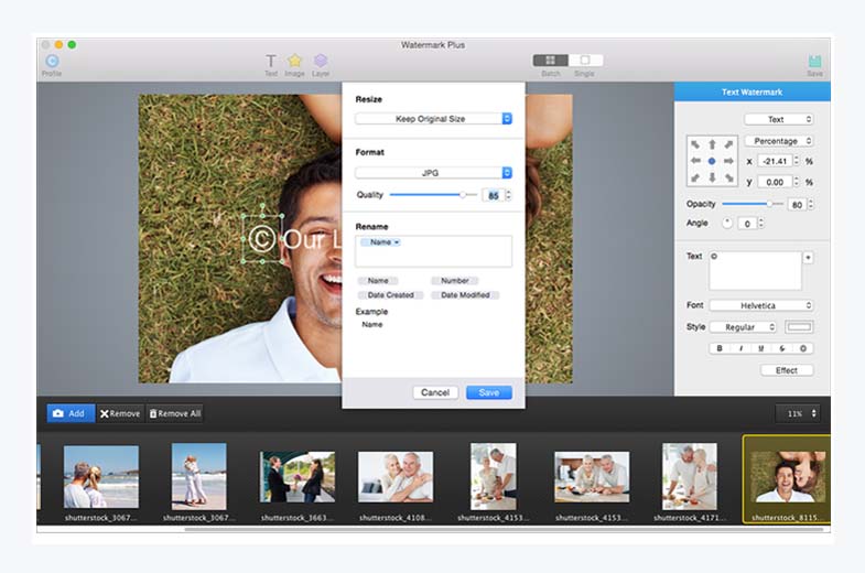 Окно экспорта Watermark Plus с настройками Resize, Format, Quality и Rename