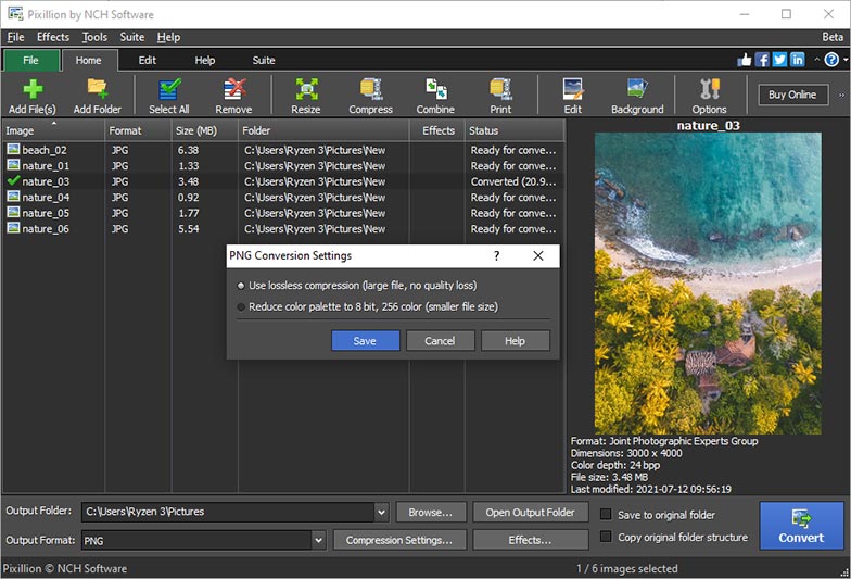 Настройки кодирования в Pixillion Image Converter