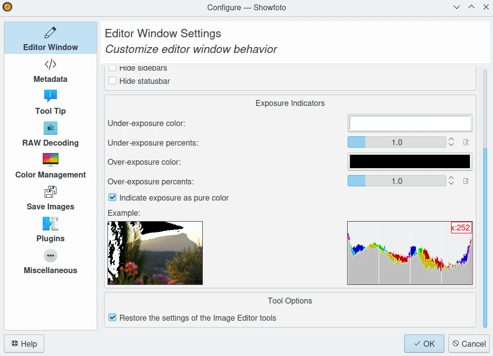 Окно Configure — Showfoto с разделами Editor Window, Metadata, Tool Tip, RAW Decoding, Color Management, Save Images, Plugins и Miscellaneous