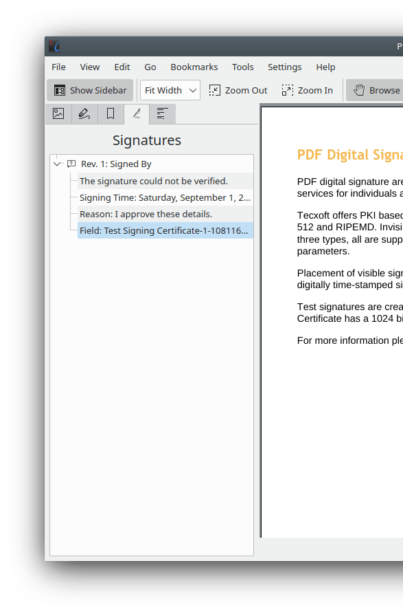 Панель Signatures в Okular