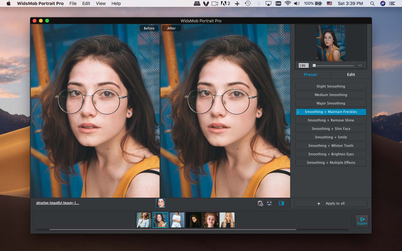 Интерфейс WidsMob Portrait Pro с вкладкой Preset и режимом Before / After