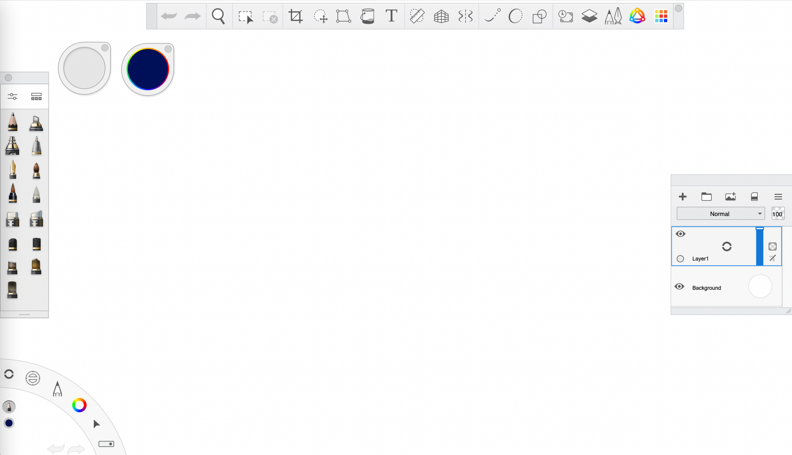 Интерфейс Sketchbook Pro: холст, верхняя панель инструментов, Brush Palette, Color Puck, Brush Puck, Layer Editor и Lagoon