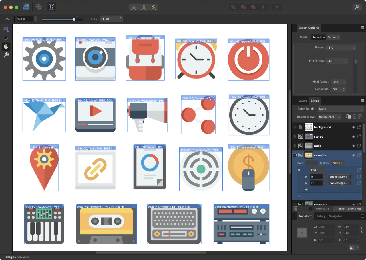 Affinity Designer 2 — Export Persona с областями экспорта