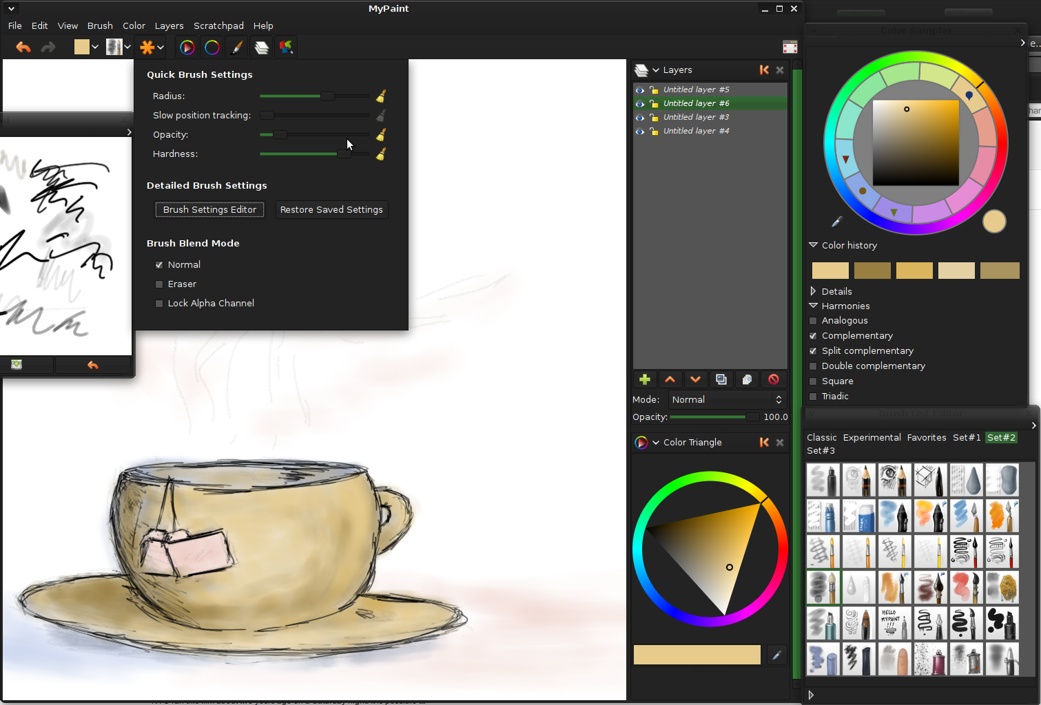 Интерфейс MyPaint с панелями кистей, слоёв, цветовым кругом и настройками кисти