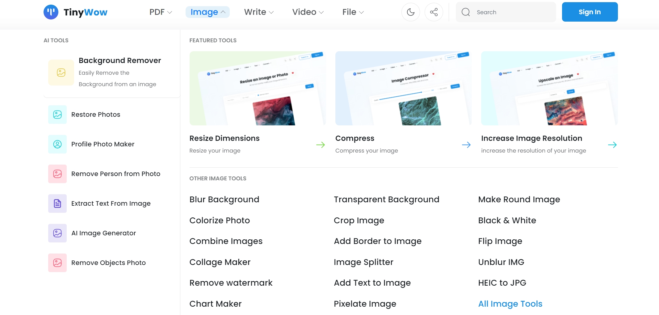 TinyWow Image Tools — раздел с инструментами для изображений