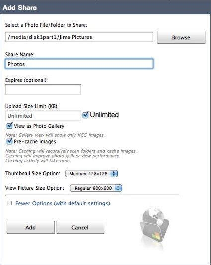Tonido WebSharePro Add Share: настройка публикации папки как Photo Gallery