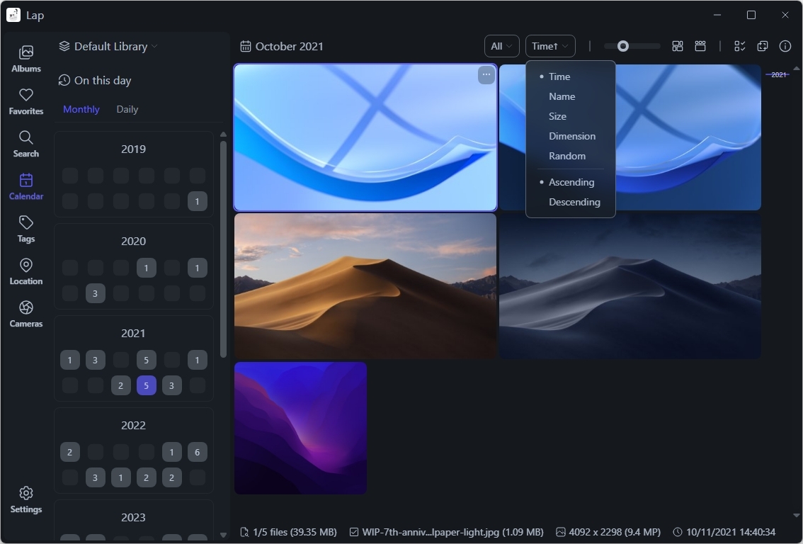 Календарный режим Lap Photo Manager с сортировкой по времени, имени, размеру и размерности