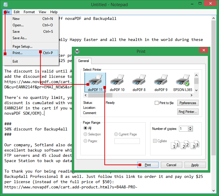 Выбор doPDF в окне печати Notepad