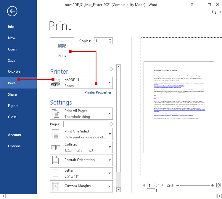 Создание PDF из Word через выбор doPDF в окне Print