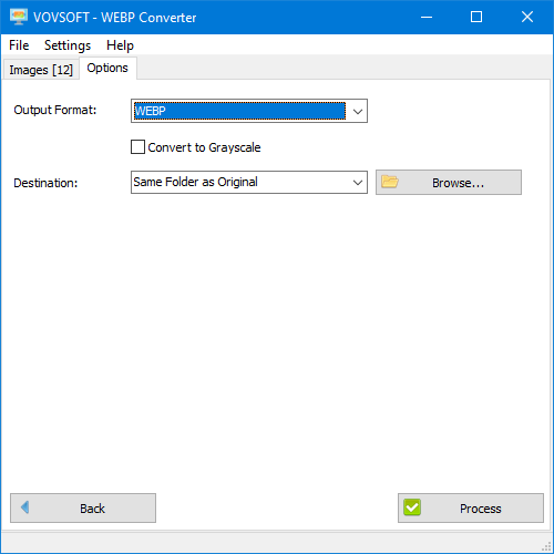 Вкладка Options с выбором Output Format и Destination